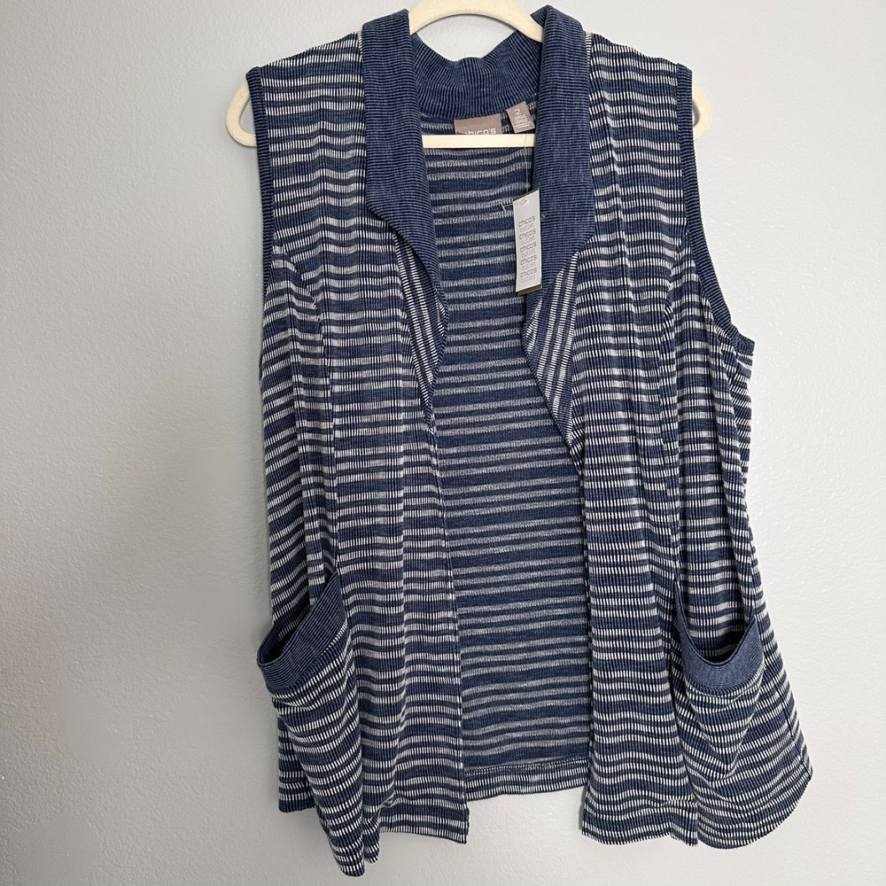 Chicos Size-2 Women's Sweater Cardigan Blue Stretch Striped Pockets
